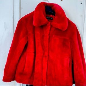 Red faux fur coat